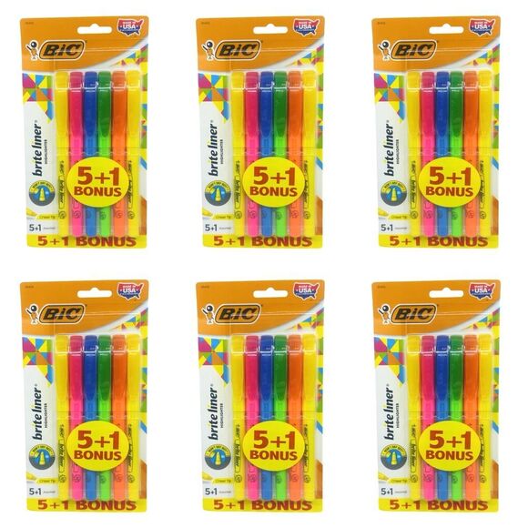 Bic Bright Liner Highlighter 5+1 Bonus - 6 Packs - 36 Highlighters - Picture 1 of 3